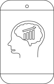 A smartphone displays a head in profile its brain featuring an upward trending bar graph and arrow vector