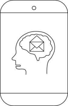 A smartphone displays a head profile with a brain containing an envelope vector