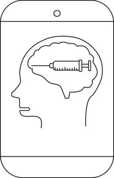 A smartphone shows a head in profile with a brain containing a syringe vector