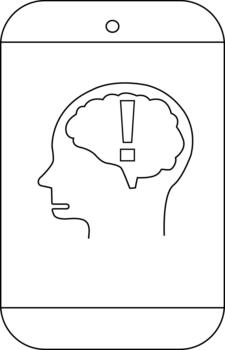 A stylized smartphone shows a head with a brain containing an exclamation mark vector
