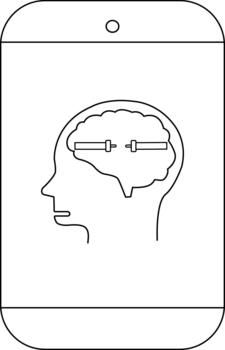 Black outline of a head inside phone brain showing with two horizontal line segments vector