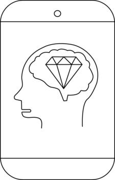 Black outline of a phone displaying a head silhouette with a brain containing a diamond shape vector