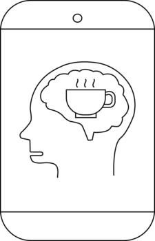 Black outline of a smartphone with a head containing a cup of coffee instead of a brain on a white background vector