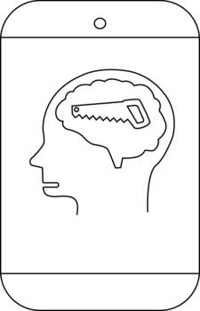 Blackandwhite drawing of a head profile with a saw inside the brain displayed on a smartphone screen vector