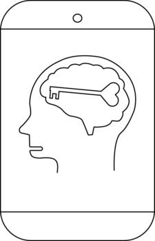 Head silhouette with brain containing a key set against a smartphone frame vector