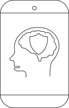 línea Arte muestra un cabeza con un cerebro conteniendo un proteger dentro un célula teléfono contorno vector