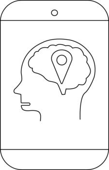 Line drawing of a mobile phone displaying a profile head with a brain containing a location marker vector