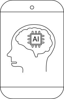 arte lineal teléfono con cabeza contorno cerebro conteniendo un circuito tablero etiquetado ai vector