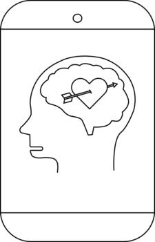 contorno dibujo muestra un cabeza perfil con un cerebro conteniendo un corazón traspasado por un flecha dentro un teléfono marco vector