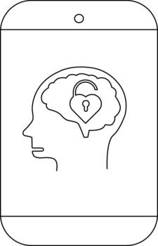 contorno de un teléfono inteligente mostrando un cabeza perfil con un cerebro conteniendo un en forma de corazon bloquear vector