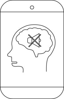 Outline of phone shows head profile with brain containing a muted speaker symbol vector