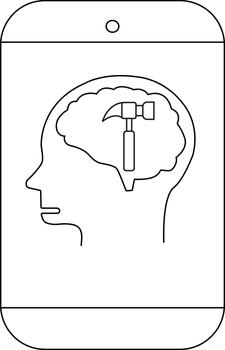 teléfono pantalla demostración un cabeza perfil con un cerebro y martillo dentro vector