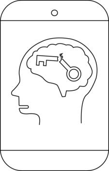 Phone screen displays a head profile with a brain containing a broken key symbol vector