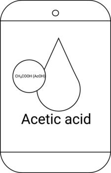 A label shows acetic acids formula name alongside a teardrop inside a rounded rectangle with a top hole vector
