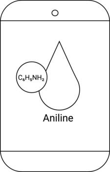 Aniline diagram a droplet overlapping a benzene ring labeled Aniline in a deviceshaped container vector