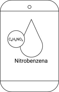 Depicts nitrobenzene C6H5NO2 on a label featuring a teardrop shape and Nitrobenzena text vector