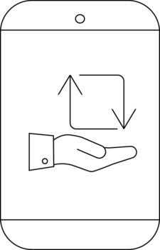 A device screen displays a hand offering a square with updown arrows suggesting a exchange vector