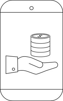 un línea Arte móvil dispositivo muestra un apilar de monedas en un mano vector