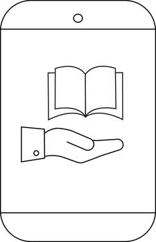 A line drawing depicts a tablet displaying an open book resting on a hand vector