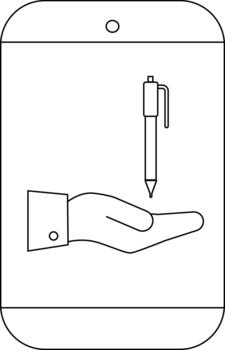 A line drawing of a tablet hand and pen The hand holds the pen over the palm and there is a circle at the top vector