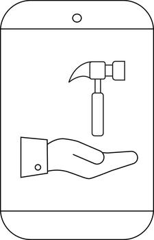 un línea dibujo de un tableta pantalla mostrando un mano ofrecimiento un martillo vector