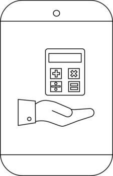A stylized phone displays a hand holding a calculator both represented as simple line drawings vector