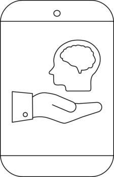 An outline drawing depicts a smartphone with a brain inside a head resting on a hand vector