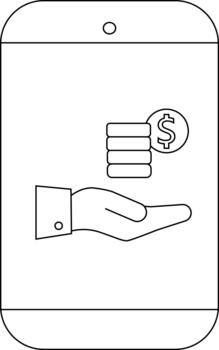 Mobile device displaying a hand receiving money visualized with coins and dollar sign vector