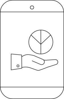 Outline depicts a tablet featuring a hand holding a pie chart showcasing data visualization vector