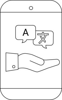 Outlined phone translating A to Chinese characters on hand minimal design vector