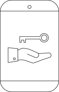 Tablet display showing a key resting above an open hand depicted in a linear drawing style vector