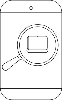Black outline of a smartphone with a magnifier focusing on a laptop icon in its screen vector