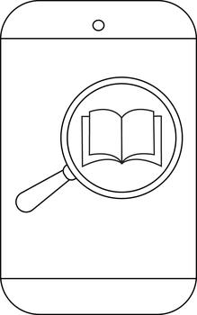 Black and white line art depicts a smartphone screen displaying an open book under a magnifying glass vector