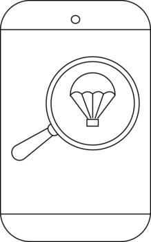 Phone with magnifying glass focusing on a parachute icon displayed on its screen vector