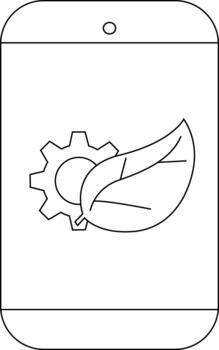 A smartphone displays a cog and leaf icon with rounded corners and a speaker grill cutout vector