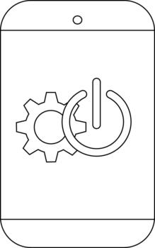 Outline drawing of a smartphone displaying a gear and power symbol vector