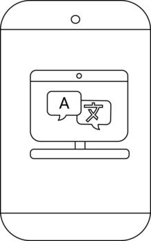 A simplified mobile device displays translation software with English and Chinese characters in speech bubbles on the screen vector