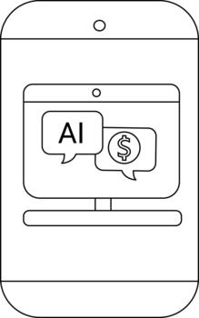 A smartphone displays a computer monitor showing speech bubbles with AI and a dollar sign vector