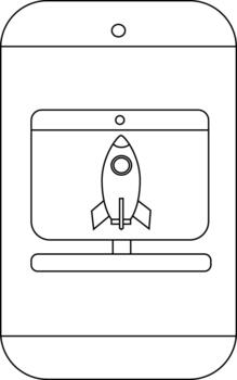 A smartphone displays a computer monitor with a rocket on its screen vector