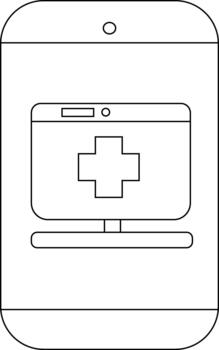 Black and white outline of a phone with a monitor on the screen displaying a medical cross vector