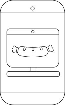 Outlined smartphone displays sausage on screen with speaker stand and frontfacing camera vector