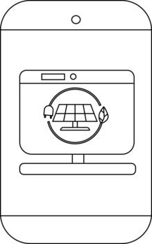 Smartphone screen shows a computer monitor with a solar panel symbol inside a circular arrow with a plug and a leaf vector