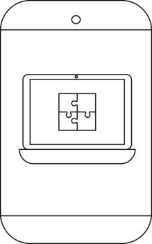 un ordenador portátil con un cuatro piezas rompecabezas en pantalla es desplegado en un teléfono inteligente vector