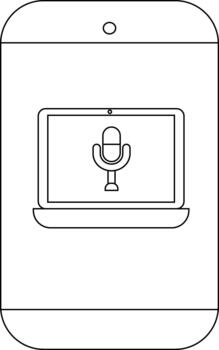 A simple line drawing shows a laptop with a microphone on screen inside a phone outline vector