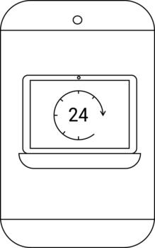 A smartphone displays a laptop screen with a 24 and a looping arrow suggesting 247 availability vector