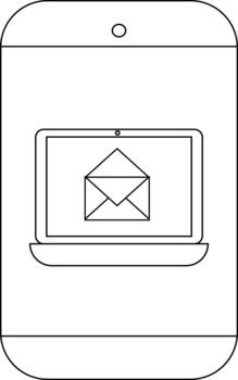Black and white outline of a phone displaying a laptop with an email icon vector
