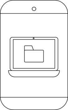 Black white line art of a mobile device displaying a laptop screen with a file folder icon vector