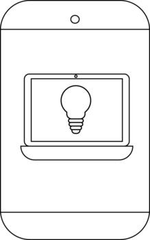 línea Arte de un teléfono inteligente mostrando un ordenador portátil con un ligero bulbo en sus pantalla vector