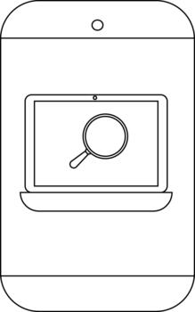 Line drawing of a mobile phone displaying a laptop with a magnifying glass vector