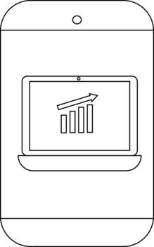 Outline of a mobile phone displaying a laptop with a bar graph and upward arrow vector